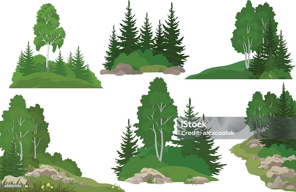 Landscapes with Trees and Rocks Set Landscapes, Isolated on White Background Coniferous and Deciduous Trees, Flowers and Grass on the Rocks. Vector Forest stock vector