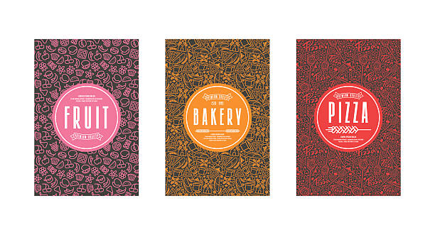 Set of template labels for bakery, pizza, fruit Set of seamless pattern and template labels for bakery, pizza, fruit. Color print on black label pizza designs stock illustrations