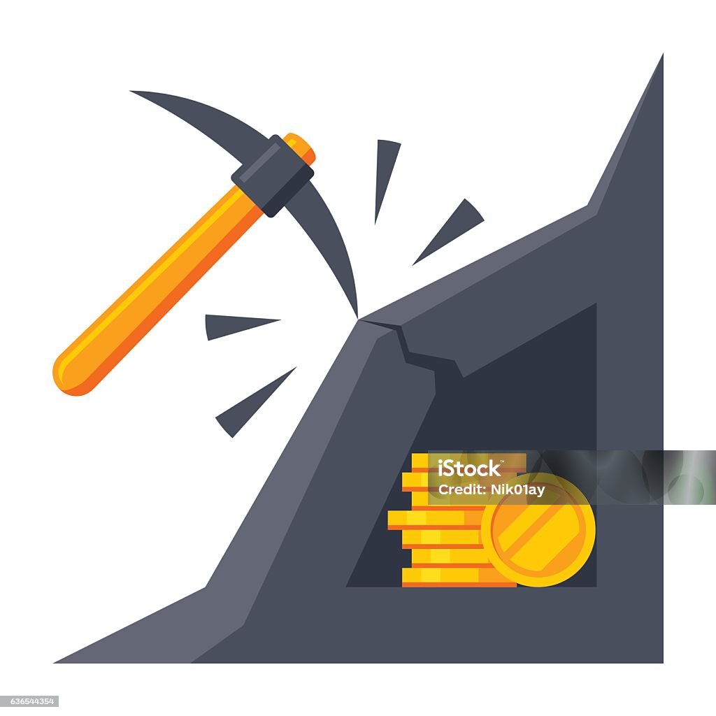 Bitcoin Mining Icon Cryptocurrency mining concept with pickaxe, coins in mountains Bitcoin stock vector