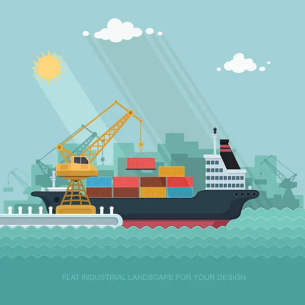 Vector illustration of Landscape seaport. crane which unloads. Carrier, Ship. Flat vector illustration