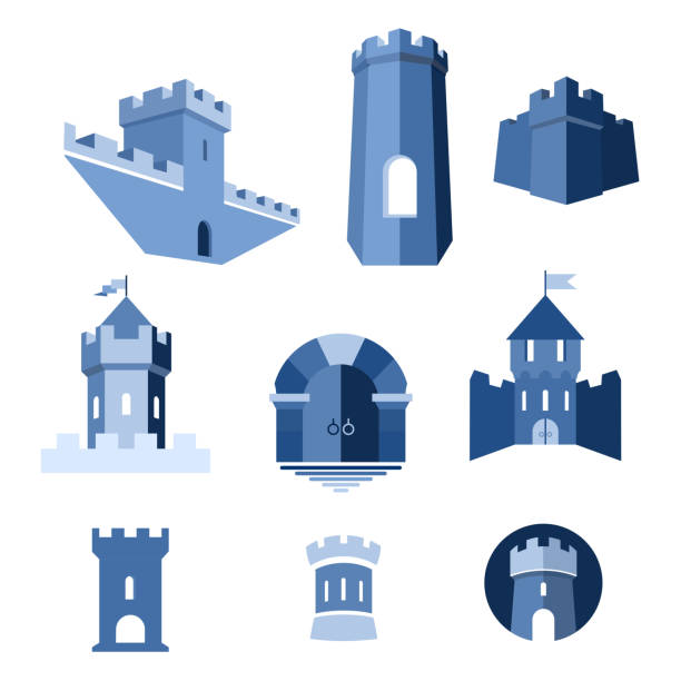 Castle tower, kingdom fortress and castle gate Castle tower, turret, kingdom fortress and castle gate vector icon tower stock illustrations