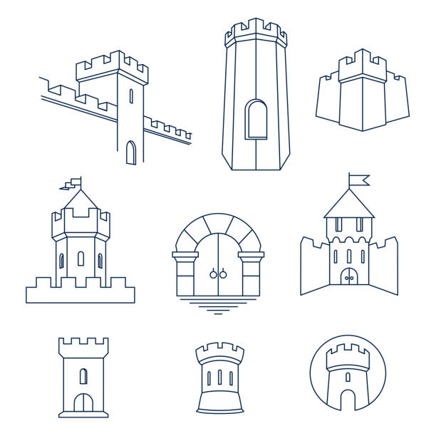 башня замка, крепость королевства и ворота замока установлены - history vector illustration and painting computer icon stock illustrations