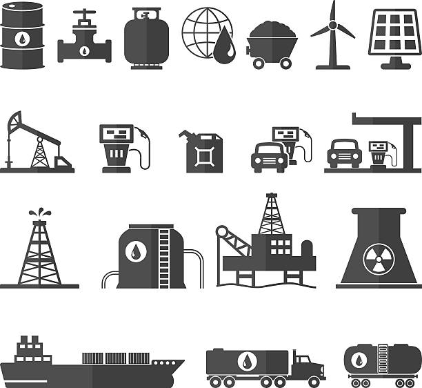топливо, нефть и энергетика иконки установить вектор иллюстрация - oil industry oil rig mining oil stock illustrations