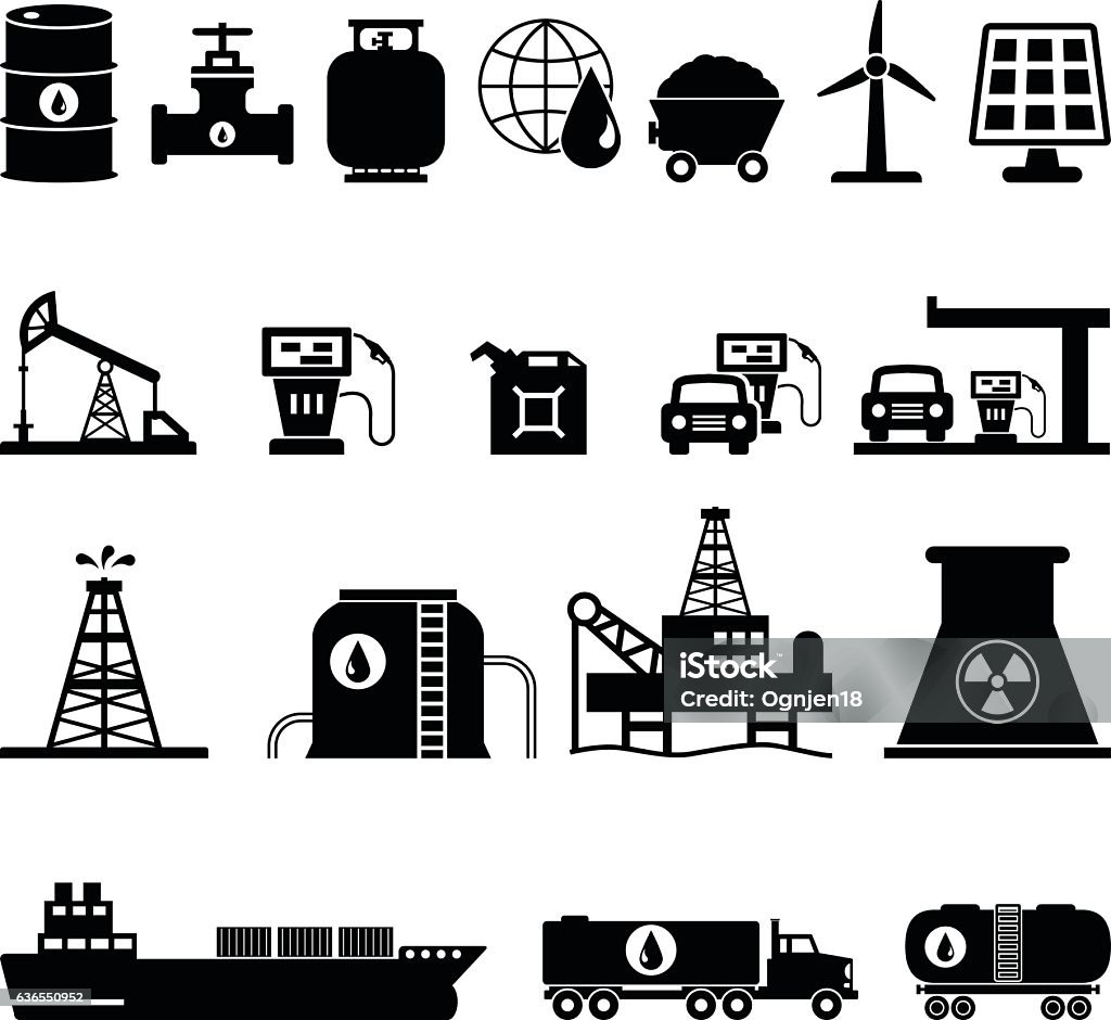 Fuel, Oil and Energy Icons Set Vector Illustration Power Line, Factory, Battery, Machine Valve, Wind Turbine Oil Tanker Ship stock vector