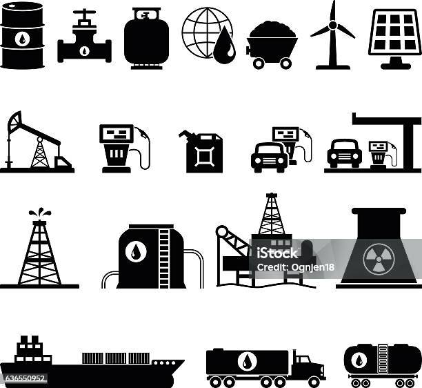 Fuel Oil And Energy Icons Set Vector Illustration Stock Illustration - Download Image Now - Oil Tanker Ship, Fuel Truck, Oil Industry