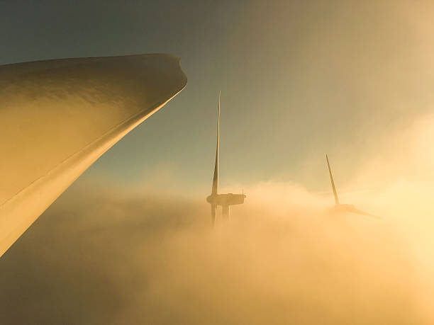 Wind turbines on dense fog at sunset.
