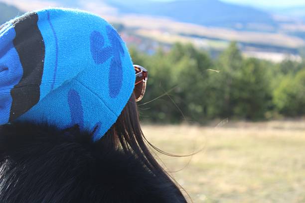 Women, blue hat, view, landscape, mountain