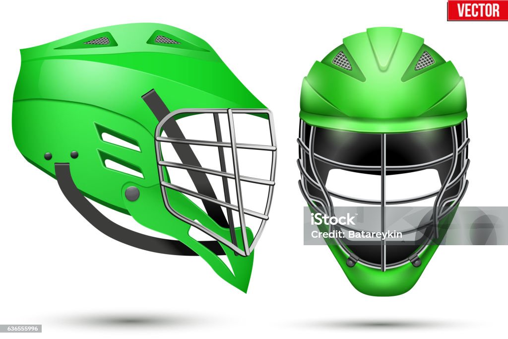 Lacrosse Helmet set Green Lacrosse Helmet. Front and Side View. Sport goods and equipment. Vector Illustration isolated on white background. Bodyguard stock vector