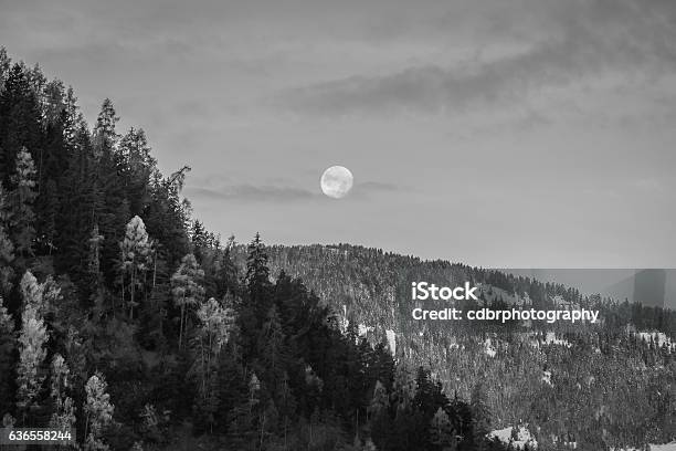 Full Moon Over The Alps Stock Photo - Download Image Now - Backgrounds, Black And White, Black Color