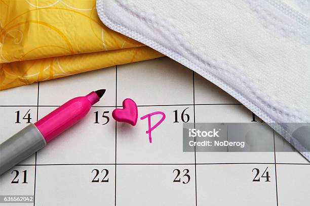 Menstruation Concept Calendar With Womens Personal Hygiene Items Stock Photo - Download Image Now