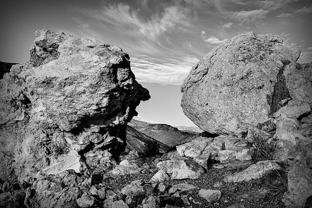 Big Rocks in desert of Southern Nevada in black and white, USA