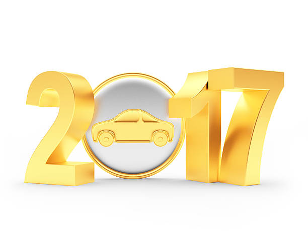 2017 New Year golden numbers and car icon on white background. 3D illustration