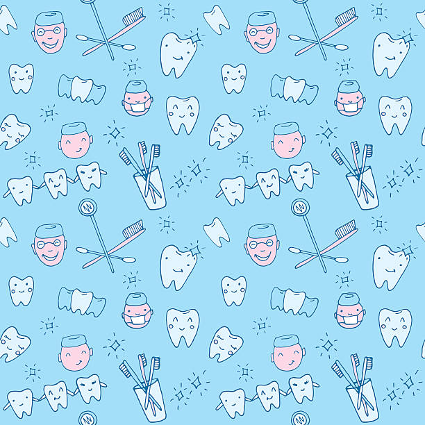 illustrations, cliparts, dessins animés et icônes de patron sans couture kawaii dentiste avec dents, brosse à dents, sourire, outils dentaires - human teeth dental hygiene dentist office human mouth