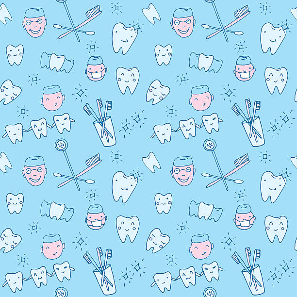 Seamless pattern kawaii dentist with teeth, toothbrush, smile, dental tools Seamless vector pattern - kawaii dentist, set of hand drawn objects. Cute sketch with doctor, teeth, toothbrush, smile and dental tools dentist backgrounds stock illustrations