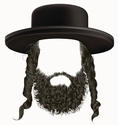black  hair sidelocks with beard . mask wig jew hassid in hat .