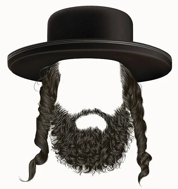 Vector illustration of black  hair sidelocks with beard . mask wig jew hassid hat .