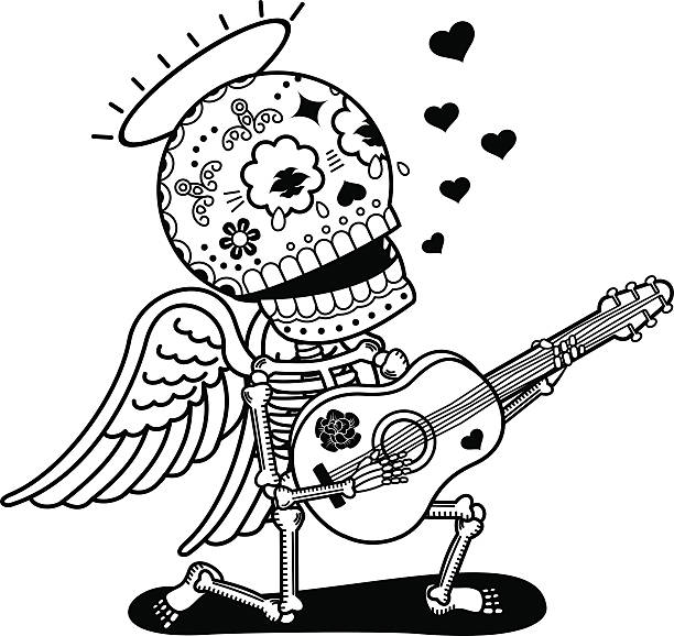 Vector illustration of skeletons Angel with guitar sing serenade. Calaveras. Vector flat and linear Illustration of skeleton. Web banners, advertisements, brochures, business templates. Isolated on a white background. troubadour stock illustrations