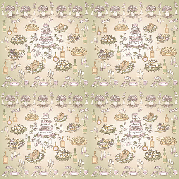 Serving a festiv seven seamless Set of sketches for the menus, tableware, cake, food, pizza, sushi, chicken and sandwiches, flowers, candles and gifts for the holiday and the food in the color lavender, beige, green and white seamless background birthday and invitation card animal background with chicken stock illustrations