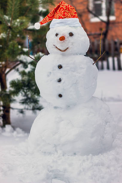 istock Snowman in a red cap on a snow 636577410