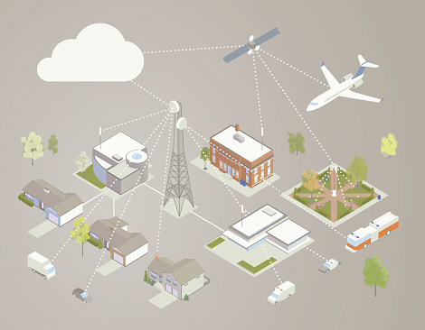 Broadband diagram includes the internet cloud, along with detailed illustrations of a satellite, a broadband/repeater tower, and various types of subscribers including home customers, businesses, public wifi, emergency services, and aviation. Wireless connections are shown as dotted lines; wired connections (like fiber optics) are shown as solid lines.