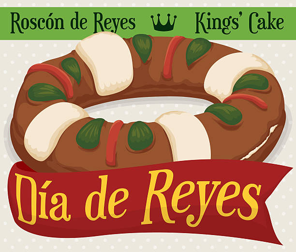 ilustrações de stock, clip art, desenhos animados e ícones de delicious 'roscon de reyes' with greeting ribbon for epiphany holidays - bolo rei
