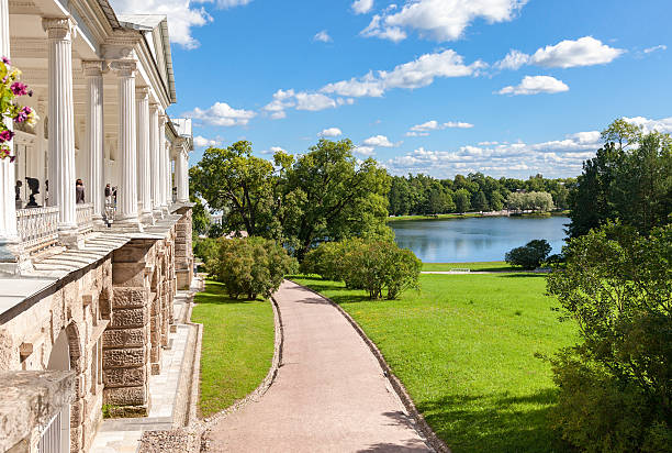 View on the Cameron gallery and Big lake Saint-Petersburg, Russia - August 4, 2015: View on the Cameron gallery and Big lake in Catherine's park in Pushkin (Tsarskoe Selo) - the summer residence of the Russian tsars st petersburg catherine palace palace russia stock pictures, royalty-free photos & images