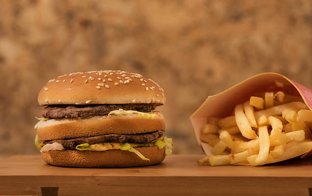 istock Double meat Hamburger with  fried fries 636581654