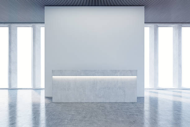 istock Reception counter, corridor, wide window shades 636582354