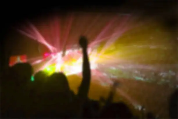 Photo of Bokeh lighting in indoor concert with cheering audience