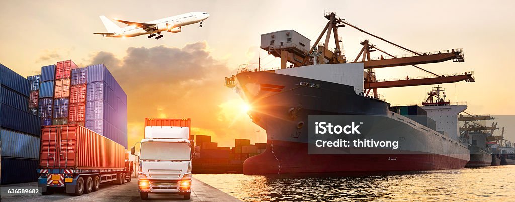 Logistics and transportation of Container Cargo ship and Cargo plane Logistics and transportation of Container Cargo ship and Cargo plane with working crane bridge in shipyard at sunrise, logistic import export and transport industry background Freight Transportation Stock Photo