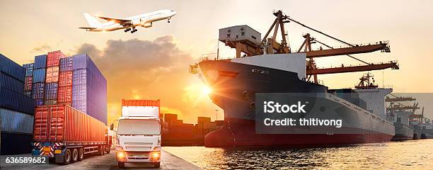 Logistics And Transportation Of Container Cargo Ship And Cargo Plane Stock Photo - Download Image Now