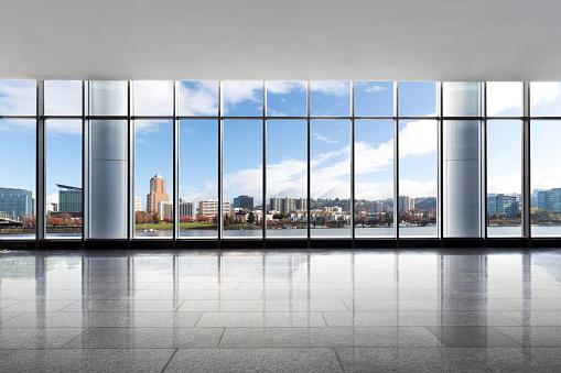 cityscape and skyline of portland from empty office