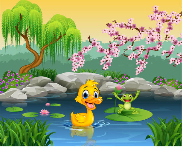 幸せなカエルとかわいいアヒル - frog lily pond water点のイラスト素材／クリップアート素材／マンガ素材／アイコン素材