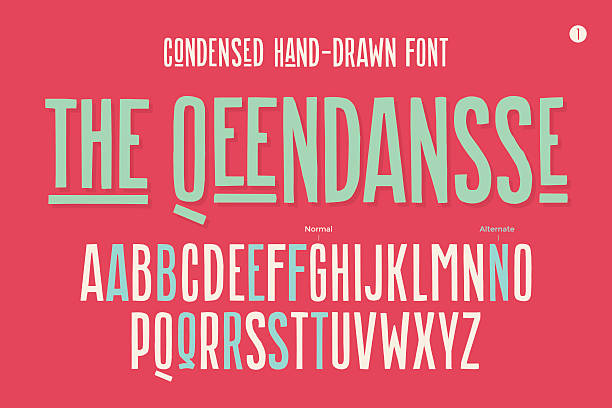 Hand-drawn condensed alphabet and font. Part One Hand-drawn condensed alphabet and font. Tall and thin uppercase letters and alternative characters. Hand-drawn sketch narrow sans serif font The Qeendansse, part One. Vector Illustration narrow stock illustrations