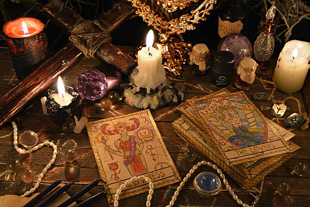 istock Mystic ritual with tarot cards, magic objects and candles 636603344