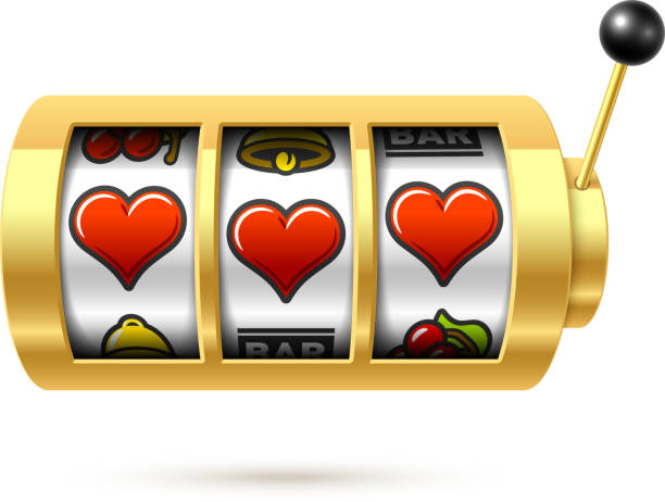 ilustraciones, imágenes clip art, dibujos animados e iconos de stock de tres símbolos del corazón de la suerte en la máquina tragaperras - jackpot