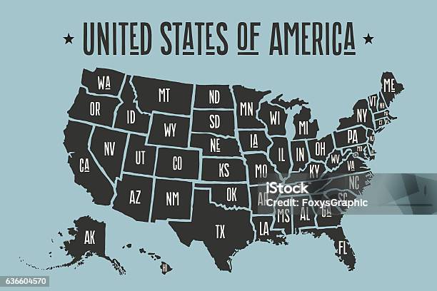 Poster Karte Vereinigten Staaten Von Amerika Mit Staatsnamen Stock Vektor Art und mehr Bilder von Karte - Navigationsinstrument