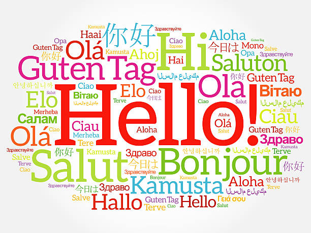 ciao word cloud collage in diverse lingue - hello foto e immagini stock