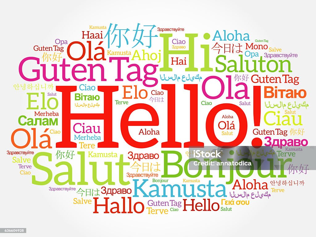 Hello word cloud collage in different languages Hello word cloud collage in different languages of the world, background concept Greeting Stock Photo