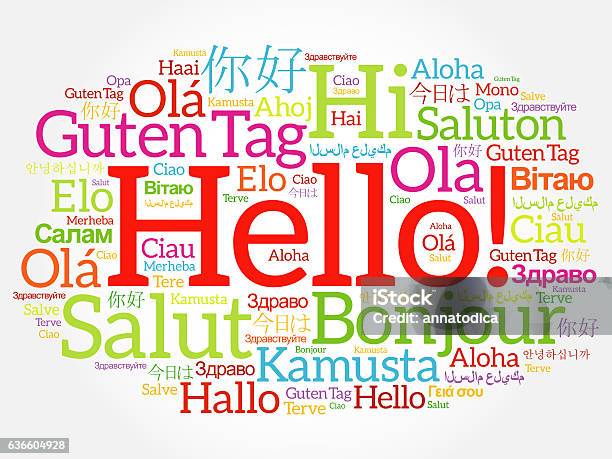Hello Word Cloud Collage In Different Languages Stock Photo - Download Image Now - Greeting, Hello - Single Word, Variation