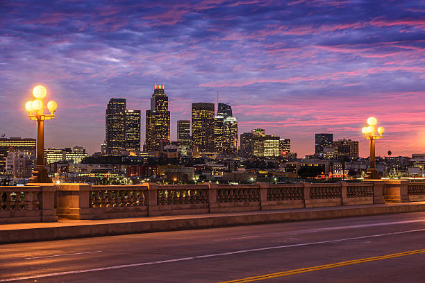 Skyscrapers in downtown Los Angeles California at sunset. View from bridge