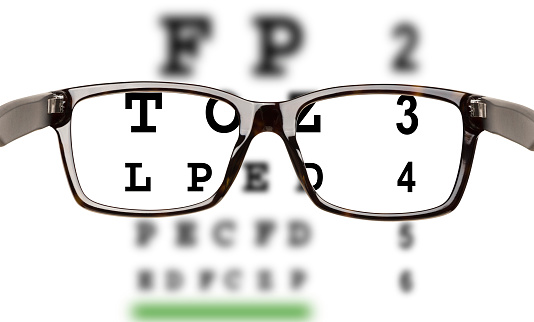 Eyeglasses with eyesight test and partial blur. White backrgound