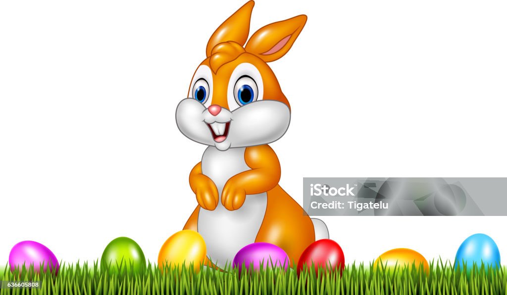 Easter bunny with decorated Easter eggs in a field Illustration of Easter bunny with decorated Easter eggs in a field  Animal stock vector