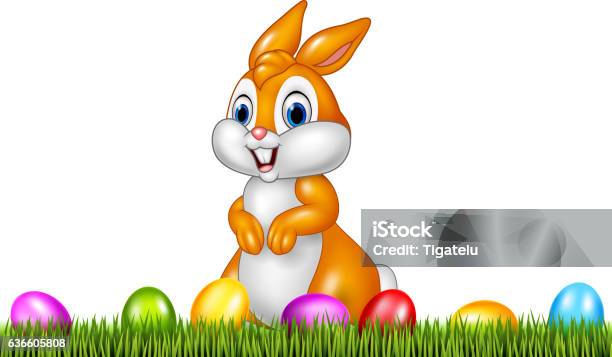Easter Bunny With Decorated Easter Eggs In A Field Stock Illustration - Download Image Now - Animal, Animal Egg, April
