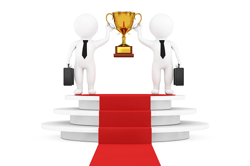 3d Businessmans Persons with a Gold Trophy in Hands over Round White Pedestal with Steps and a Red Carpet on a white background. 3d Rendering