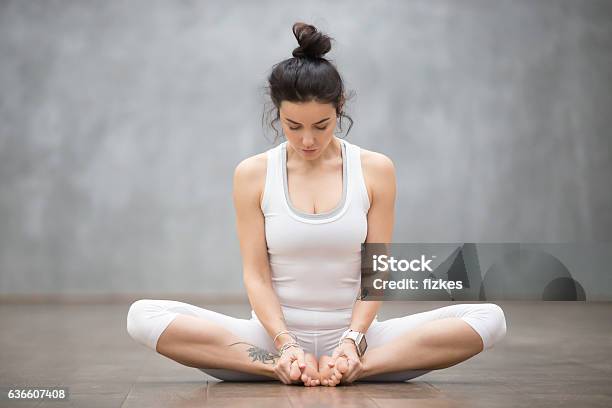 Beautiful Yoga Bound Angle Pose Stock Photo - Download Image Now - Cobbler Pose, Yoga, Exercising