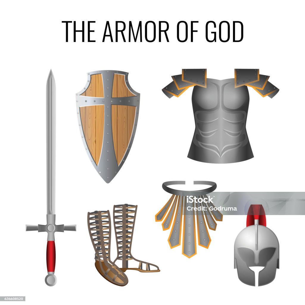 Armor of God elements set isolated on white. Vector Set of armor of God elements isolated on white. Long sword of the spirit, breathpate, sandals of readiness, belt of truth, readiness wooden shield of faith, armour helmet of salvation. Vector Traditional Armor stock vector
