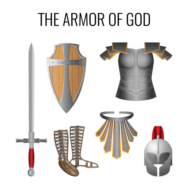 Armor of God elements set isolated on white. Vector Set of armor of God elements isolated on white. Long sword of the spirit, breathpate, sandals of readiness, belt of truth, readiness wooden shield of faith, armour helmet of salvation. Vector traditional armor stock illustrations