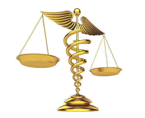 istock Golden Medical Caduceus Symbol as Scales. 3d Rendering 636608630