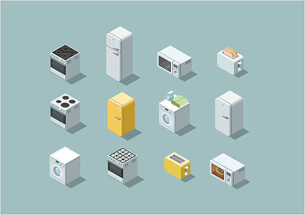 ilustrações de stock, clip art, desenhos animados e ícones de vector isometric set of household appliances icon. - commercial kitchen illustrations